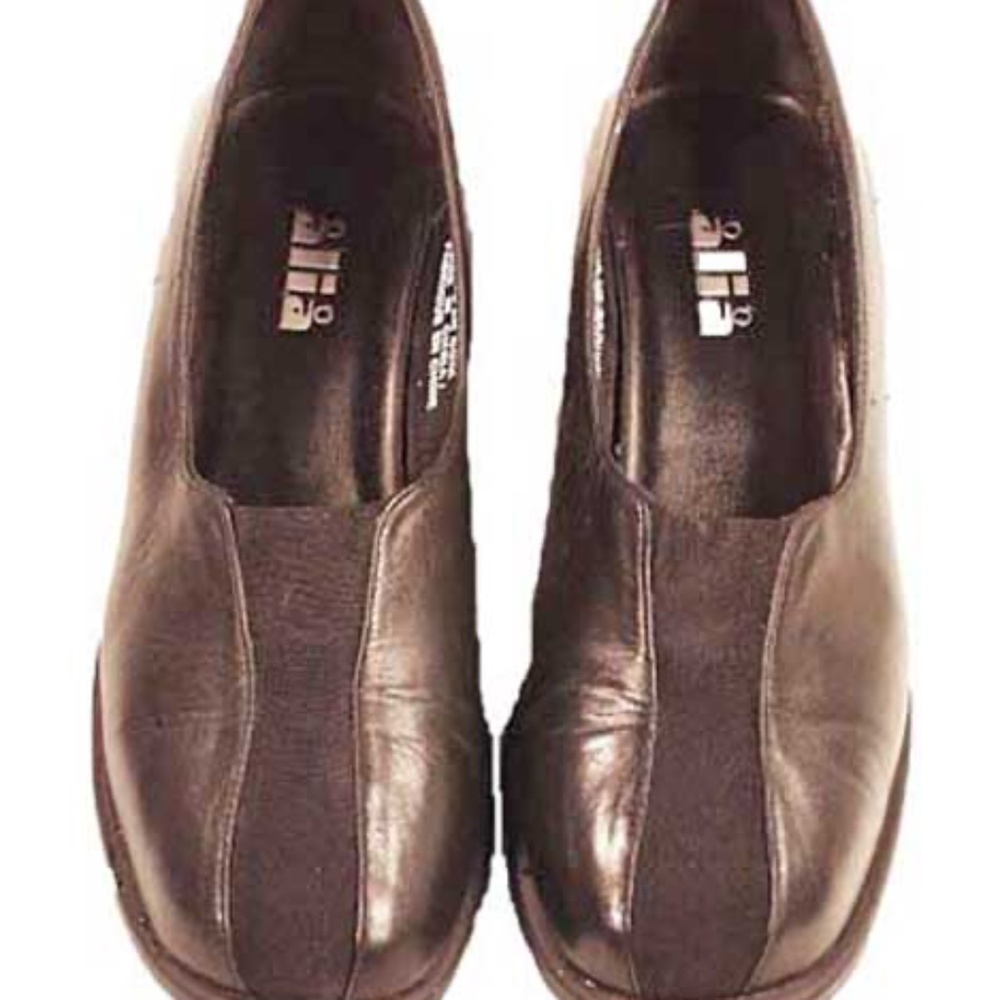 CHUNKY HEELS, LEATHER, COMFORT STRETCH PANEL, Sz 7.5B, BLACK, HEEL 1 3/8 inch,,